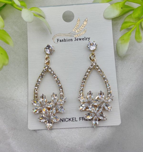 Imported Elegant Crystal Floral Drop Earrings – Nickel Free Earrings – Luxurious Gold Finish | Best Quality Artificial Earrings For Girls & Women