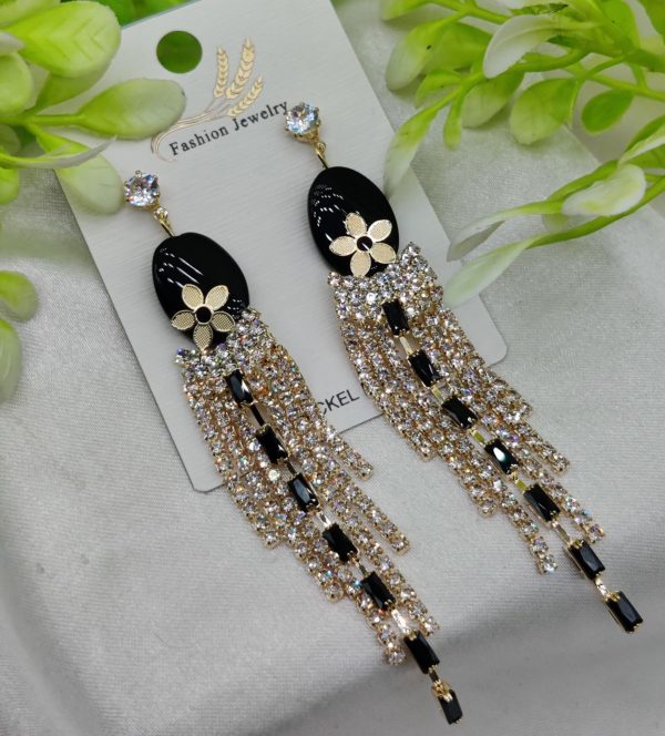 Imported Glamorous Long Tassel Earrings With Black And Crystal | Luxury Look Earrings | Girls Earrings | Women Earrings