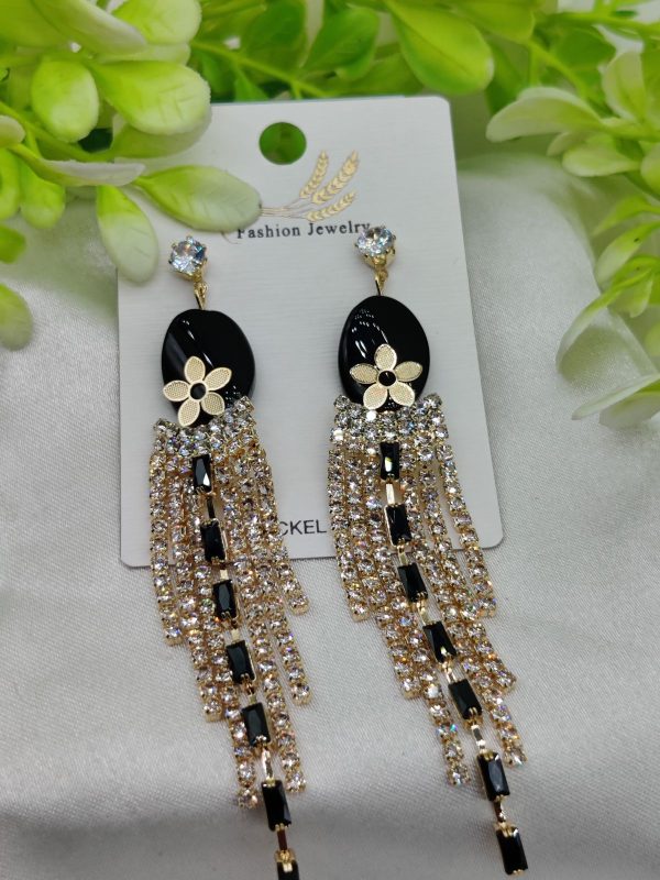 Imported Glamorous Long Tassel Earrings With Black And Crystal | Luxury Look Earrings | Girls Earrings | Women Earrings